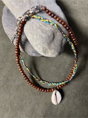 Boho Multicolor & Brown Beaded Shell Anklets with cowrie shell clasp closure
